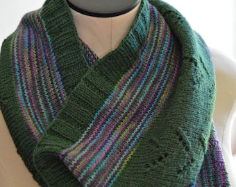 Green Striped Woolen Cowl, Hand Knit Wool Scarf, Striped Neck Scarf, Wool Neck Warmer