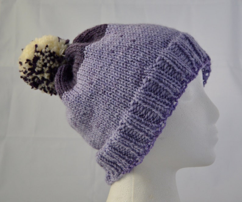 Knit Purple PomPom Hat, Striped Beanie, Hat with Pompom, Purple Watch Cap, Ready to Ship image 4