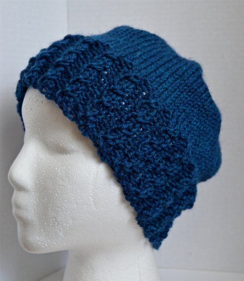 Wool Cabled Beanie, Blue Hat with Cables, Unisex Winter Hat, Teen Beanie, Adult Beanie, Hand Knit, Ready to Ship image 5