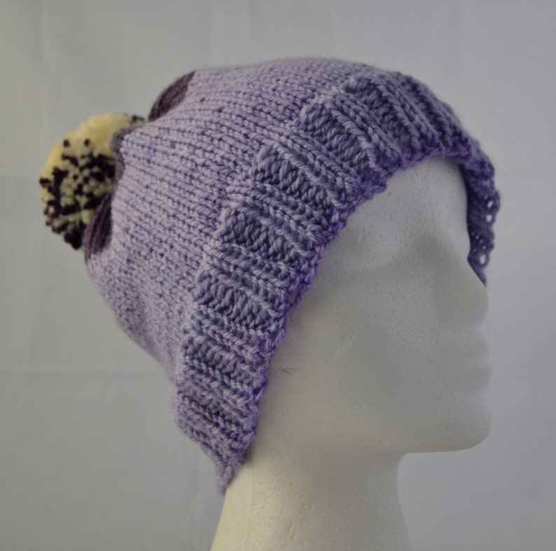 Knit Purple PomPom Hat, Striped Beanie, Hat with Pompom, Purple Watch Cap, Ready to Ship image 5