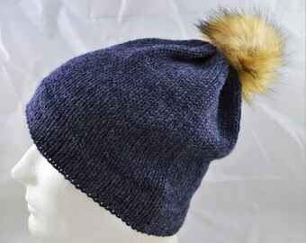 Charcoal Gray Knit Hat with Pompom, Unisex Winter Beanie, Adult Stocking Cap with Pom