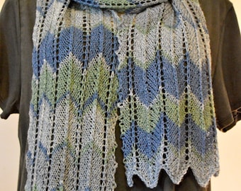 Chevron Striped Knit Scarf, Gray, Blue, and Green Wool Scarf,  Mens or Womens Winter Accessory