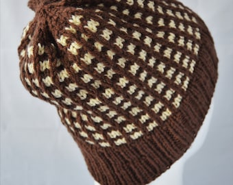 Brown and Yellow Windowpane Beanie, Gender Neutral, Hand Knit Hat, Ready to Ship, Winter Cap for Adults and Teens