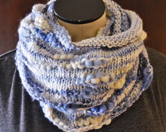 Blue and White Infinity Scarf, Textured Cowl Scarf, Winter Scarf