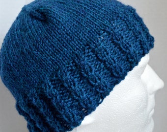 Wool Cabled Beanie, Blue Hat with Cables, Unisex Winter Hat, Teen Beanie, Adult Beanie, Hand Knit, Ready to Ship