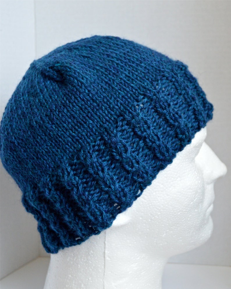 Wool Cabled Beanie, Blue Hat with Cables, Unisex Winter Hat, Teen Beanie, Adult Beanie, Hand Knit, Ready to Ship image 1