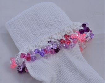 Pink and Purple Beaded Cuff Socks, Girls Decorative Socks, Fun Footwear