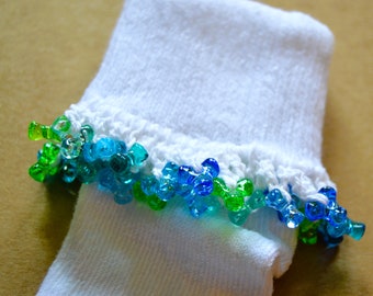 Beaded Socks for Girls, Blue and Green Summer Bobby Socks, Cute Toddler Socks, Fun Ankle Socks for Young Girls