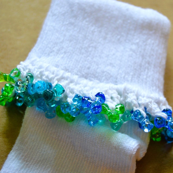 Beaded Socks for Girls, Blue and Green Summer Bobby Socks, Cute Toddler Socks, Fun Ankle Socks for Young Girls