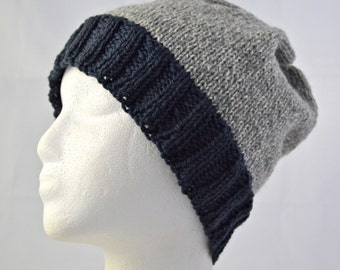 Warm Winter Beanie, Wool Watch Cap for Teens and Adults, Boyfriend Hat, Gray, Charcoal, Hand Knit, Ready to Ship