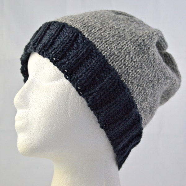 Warm Winter Beanie, Wool Watch Cap for Teens and Adults, Boyfriend Hat, Gray, Charcoal, Hand Knit, Ready to Ship