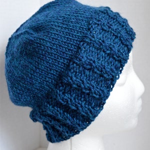 Wool Cabled Beanie, Blue Hat with Cables, Unisex Winter Hat, Teen Beanie, Adult Beanie, Hand Knit, Ready to Ship image 2