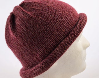 Brick Red Wool Rolled Brim Beanie, Adjustable Slouchy Hat, Mens Winter Beanie