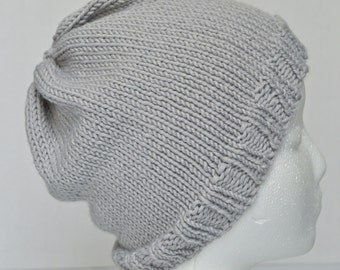 Hand Knit Minimalist Beanie, Unisex Classic Hat, Gray Watch Cap, Ready to Ship,