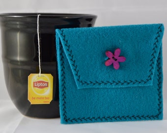 Teal Reusable Tea Pouch, Tea Bag Carrier, Tea Wallet, Felt Tea Tote Envelope, Tea Bag Pouch, Tea Accessory