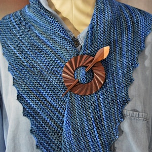 Hand Knit Wool Hitchhiker Scarf: Blue Variegated Asymmetrical Shawl