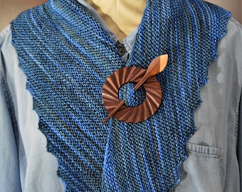 Light Weight Hand Knit Wool Shawl, Blue Variegated Hitchhiker Scarf, Asymmetrical Shawl Scarf, Knit Shawl with Teeth