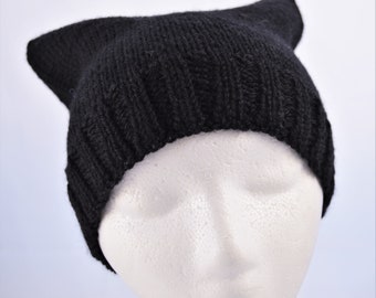 Schwarze Katzenohrmütze, Schwarze Beanie, Pussycat Mütze, Quadratische Mütze für Jugendliche und Frauen