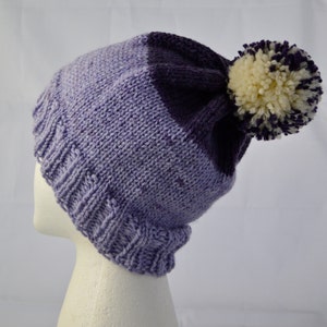 Knit Purple PomPom Hat, Striped Beanie, Hat with Pompom, Purple Watch Cap, Ready to Ship image 2