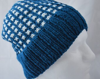 Blue and White Windowpane Hat, Gender Neutral Beanie, Hand Knit Winter Hat, Ready to Ship, Teen or Adult Hat