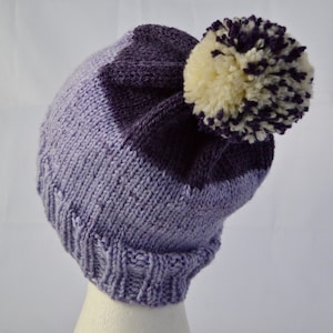 Knit Purple PomPom Hat, Striped Beanie, Hat with Pompom, Purple Watch Cap, Ready to Ship image 1