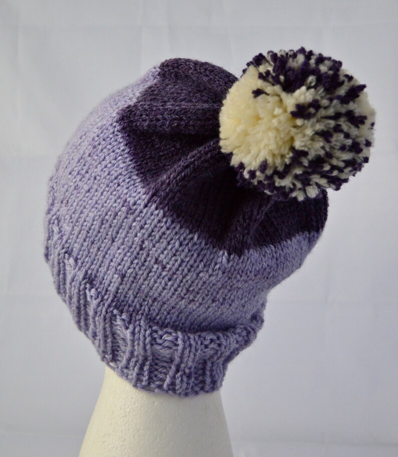 Knit Purple PomPom Hat, Striped Beanie, Hat with Pompom, Purple Watch Cap, Ready to Ship image 1