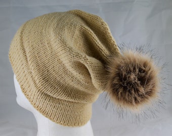 Pale Yellow Knit Beanie with Pompom, Unisex Winter Hat, Adult Stocking Cap with Pom, Golden Wheat Cap