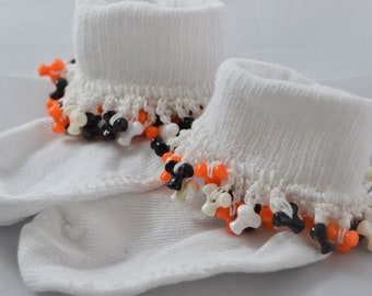 Baby's Halloween Socks, Beaded Socks for Toddlers, Orange Black and White Socks, Halloween Ankle Socks for Toddlers
