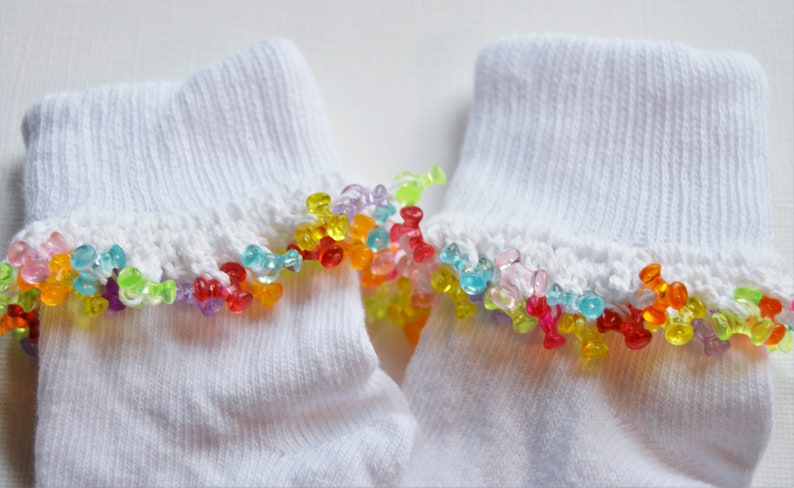 Beaded Socks for Girls, XS 4T 5T or Toddler Shoe Size 8 11, Easter Footwear, Cute Beaded Socks, Girls Rainbow Socks image 2