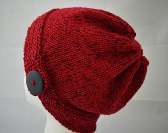 Hand Knit Cloche Hat with Large Button, Hand Knit Beanie, Burgundy Womens Slouchy Button Brimmed Hat