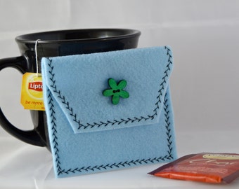 Reusable Tea Pouch, Light Blue Tea Tote with Green Flower Button, Tea Bag Carrier, Felt Tea Wallet, Tea Bag Pouch, Tea Accessory