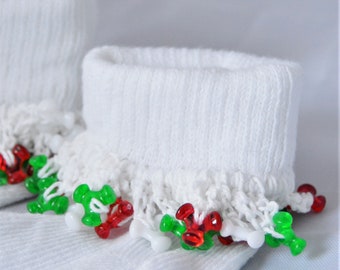 Christmas Socks for Girls, Beaded Christmas Socks for Young Girls, Red White and Green Socks, Ankle Socks for Little Girls, Holiday Socks