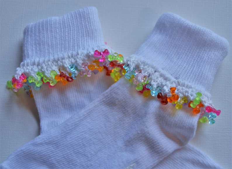 Beaded Socks Sized 12 to 24 Months, Girls Easter Footwear, Cute Beaded Socks, Girls Rainbow Socks image 3