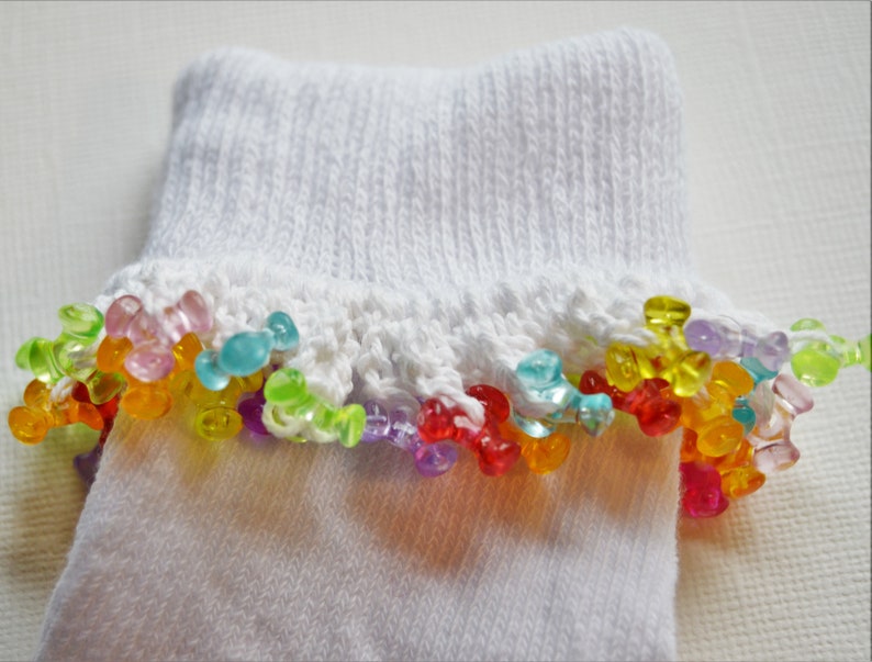 Beaded Socks Sized 12 to 24 Months, Girls Easter Footwear, Cute Beaded Socks, Girls Rainbow Socks image 6
