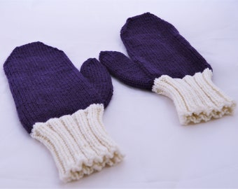Purple Wool Mitts, Warm Winter Mittens, Vintage Mittens, Hand Knit Gloves