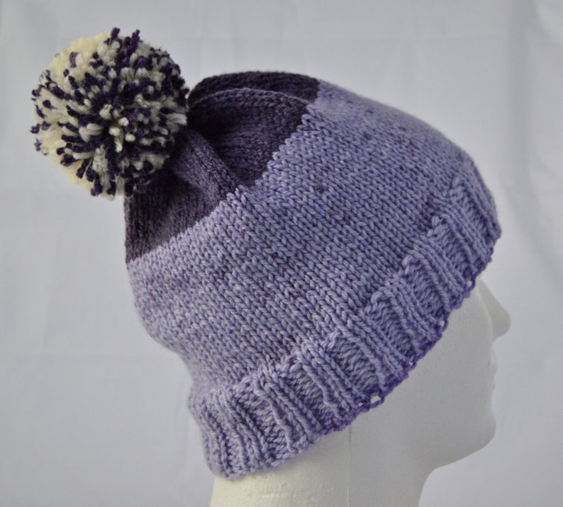 Knit Purple PomPom Hat, Striped Beanie, Hat with Pompom, Purple Watch Cap, Ready to Ship image 3