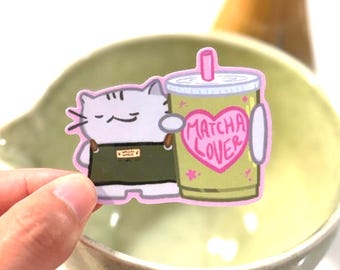 Matcha-liefhebber kat vinyl sticker | waterdicht, waterfles, laptop, planner, dagboekaccessoire, briefpapier, schattige sticker, cadeau voor een vriend(in), schattige sticker, matcha-liefhebber kat