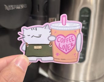 Vinyl sticker met koffieliefhebberkat | waterdicht, geschikt voor waterfles, laptop, planner, dagboek, briefpapier, schattige sticker, cadeau voor een vriend(in)