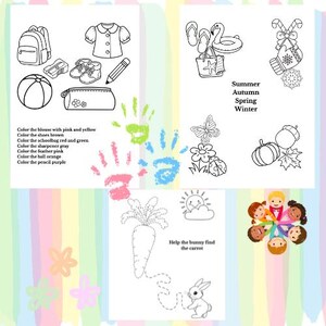 以下が含まれることがあります： 塗り絵やなぞり書きができる白黒の線画が描かれた3枚の教育用アクティビティシート。学用品、季節のアイテム、ニンジンを持ったウサギのイラストが描かれており、指示テキストが添えられています。