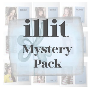 May include: An "illit Mystery Pack" is displayed, with the word "illit" in large, dark gray letters. The words "Mystery Pack" are below. Several small cards with images of people are visible, along with cards that say "bomb".