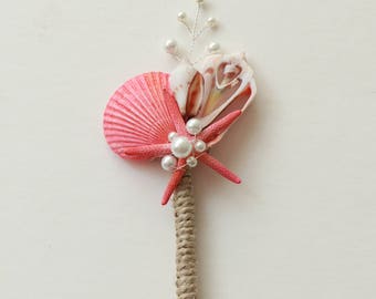 Handmade Coral color seashells twine and pearls boutonniere. Seashell boutonniere. Boutonniere for Beach wedding