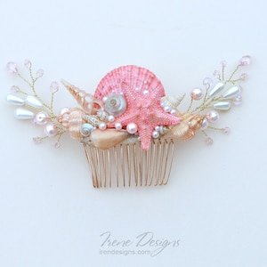 Handmade Coral Gold And Pink Seashells Hair Comb. Starfish Pearls Crystal Headpiece. Beach Wedding Head Piece image 1
