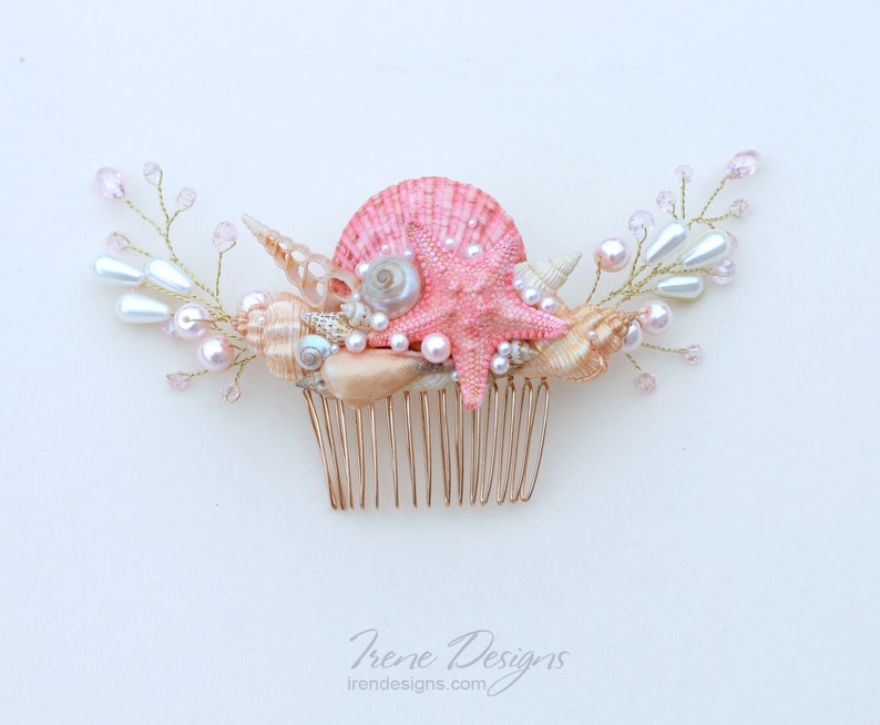 Handmade Coral Gold And Pink Seashells Hair Comb. Starfish Pearls Crystal Headpiece. Beach Wedding Head Piece image 1