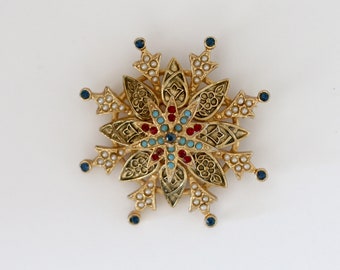 Vintage Signed Art Maltese Cross Brooch With Faux Pearls And Jade Beads.