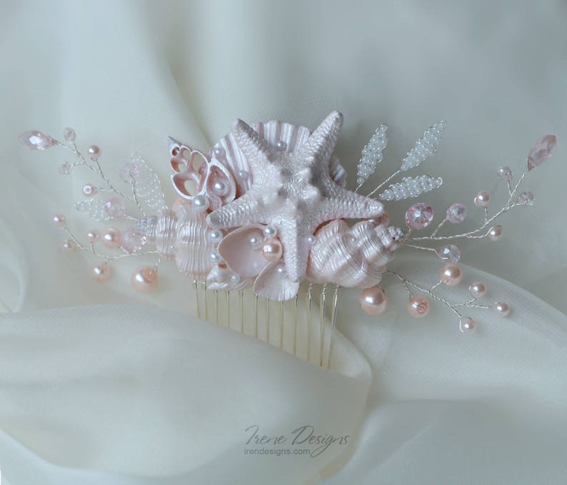Pale Pink Beach Wedding Hair Comb. Seashell and Pearls Crystals Hair Comb. Beach Wedding Headpiece. Beaded Hair Comb. image 2