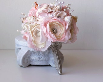 Handmade Seashell Bouquet. Light pink and silver seashell wedding bouquet.  Beach wedding bouquet. Brooch wedding Bouquet