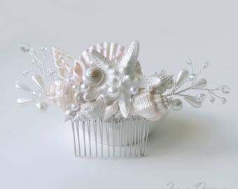 Seashells Wedding Hair Comb. Starfish Pearl Crystal Headpiece. Beach Wedding Head Piece