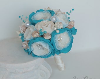 Handmade Seashells wedding bouquet . Blue and ivory wedding bouquet. Beach wedding bouquet. Bridesmaid bouquet