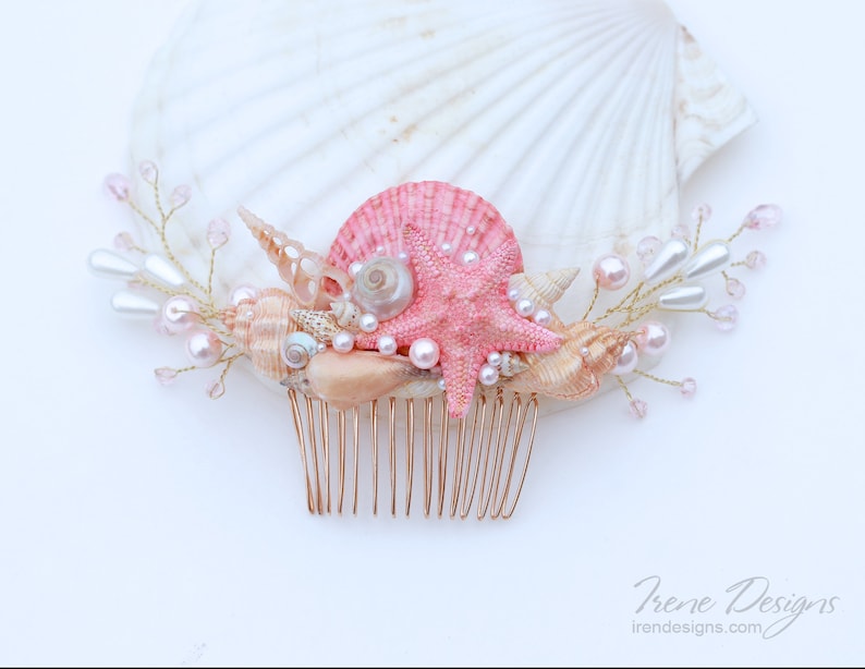 Handmade Coral Gold And Pink Seashells Hair Comb. Starfish Pearls Crystal Headpiece. Beach Wedding Head Piece image 2