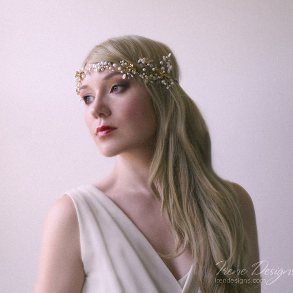 Handmade Golden color beaded hair circlet. Jeweled hair wreath. Crystal and beads hair tiara